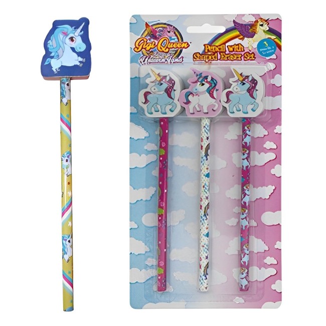 SET 3 LÁPICES CON GOMA UNICORNIO