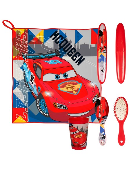 SET COMEDOR CARS: NECESER, TOALLITA, PEINE, VASITO Y PORTA CEPILLO DIENTES