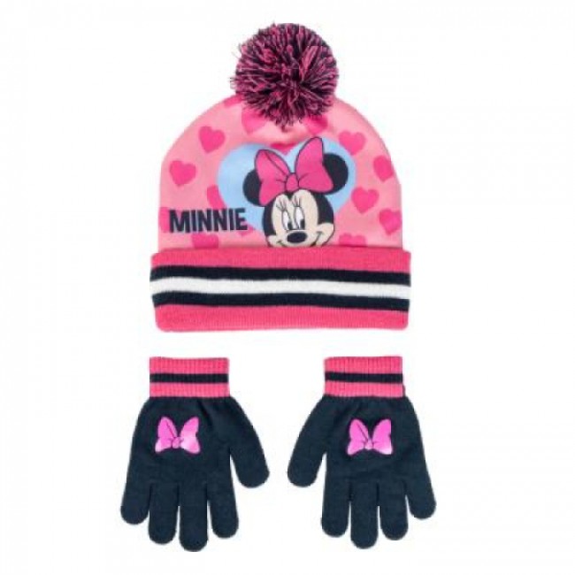 Conjunto de gorro rosa y guantes azul marino de Minnie Mouse para niña