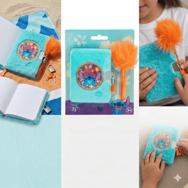 Blíster con set de diario secreto de peluche azul con imagen de Stitch y candado, junto a un bolígrafo naranja con pompón. 2