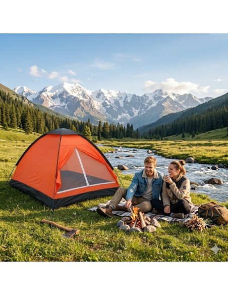 Tienda de campaña iglú para 2 personas en vibrante naranja y negro en la montaña. ¡Ligera y fácil de montar!