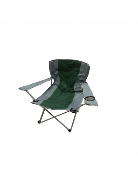 Silla de camping plegable verde y gris con reposabrazos y posavasos