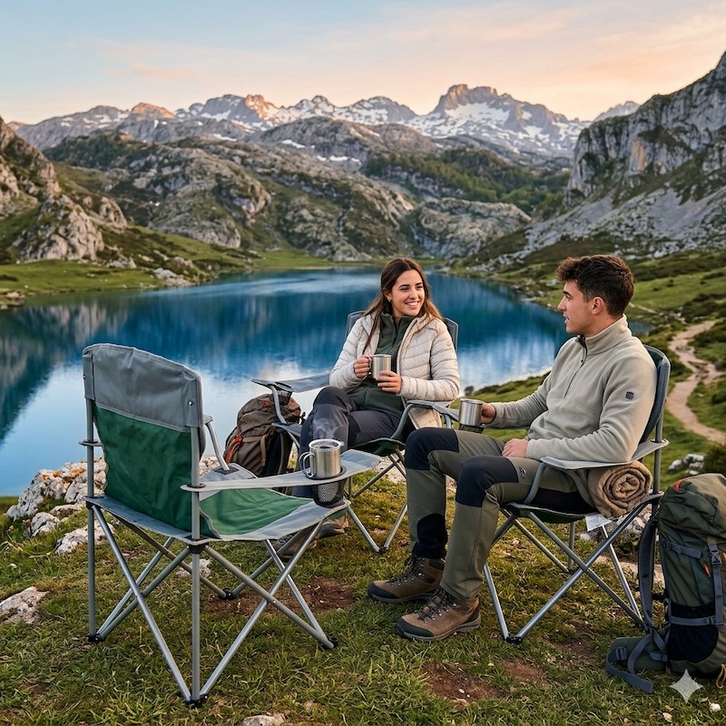 Silla plegable en uso en un lago de España con jóvenes