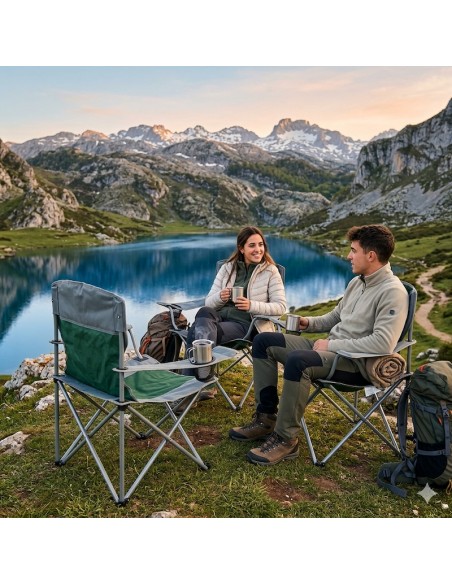 Silla plegable en uso en un lago de España con jóvenes